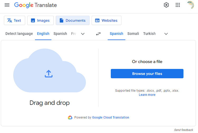 Google Translate document screen